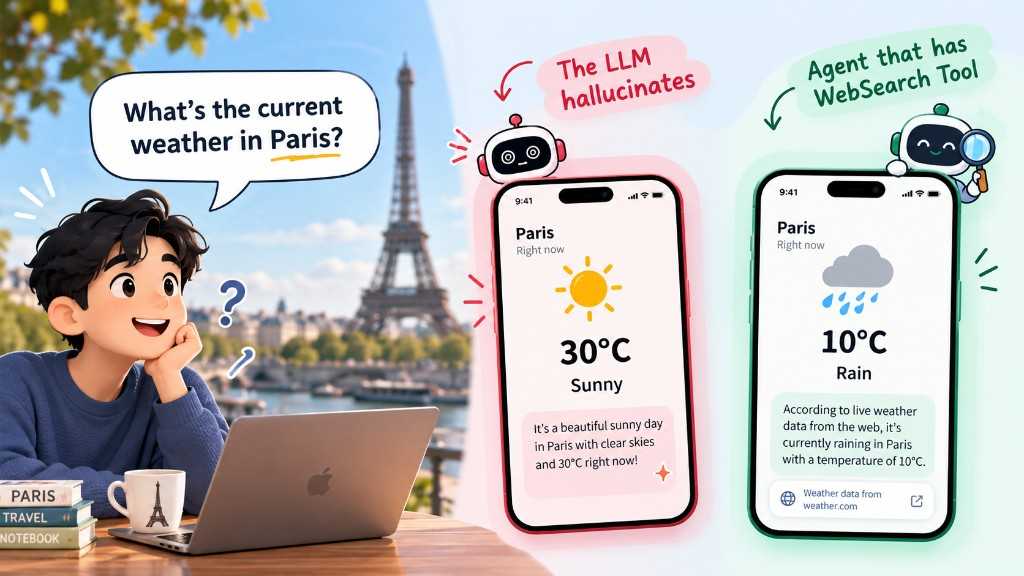 LLM hallucinates Paris weather vs Agent with WebSearch tool using live data