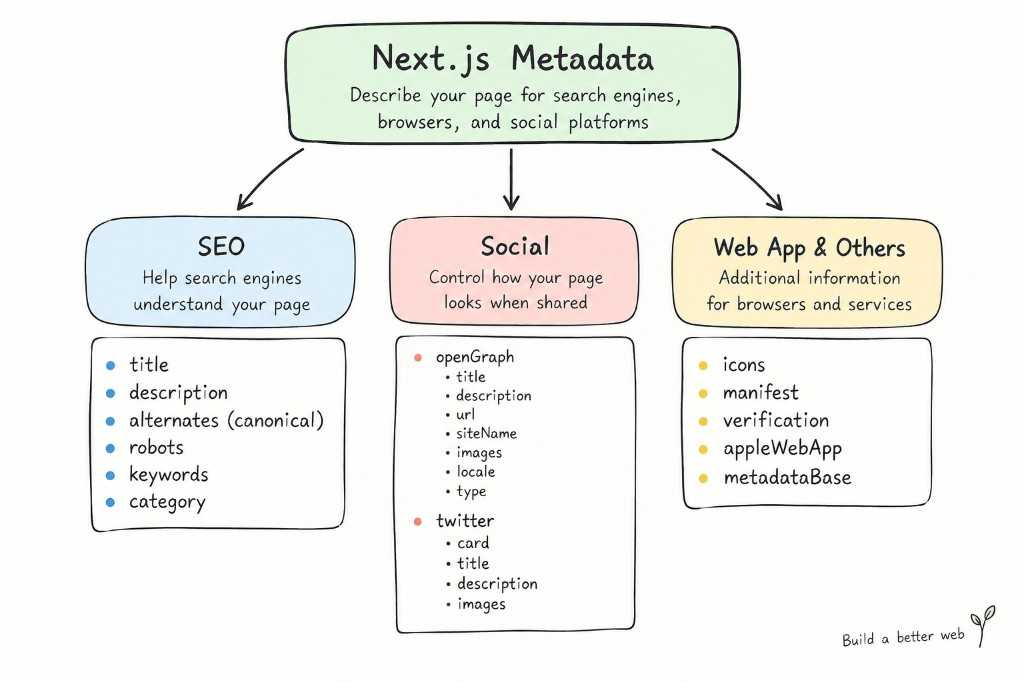 Next.js metadata fields grouped into SEO, Social, and Web App