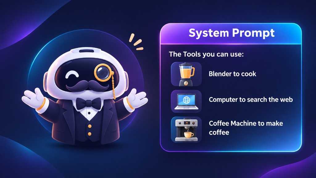 System prompt — tools the assistant can use, such as blender, computer, and coffee machine