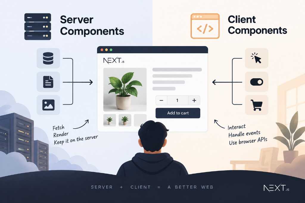 Server Components fetch and render; Client Components handle interaction